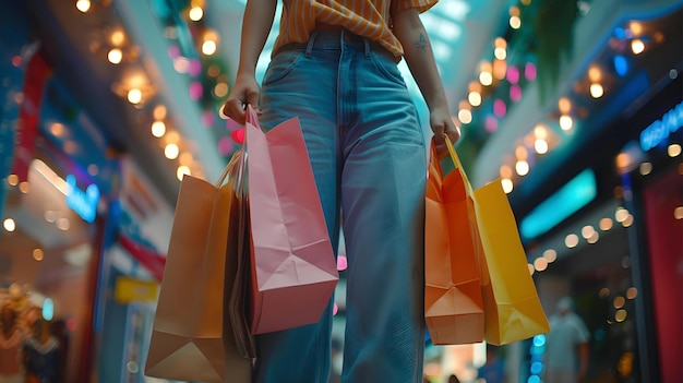 Close-up di una donna che tiene le borse della spesa nel centro commerciale Close-up of a woman holding shopping