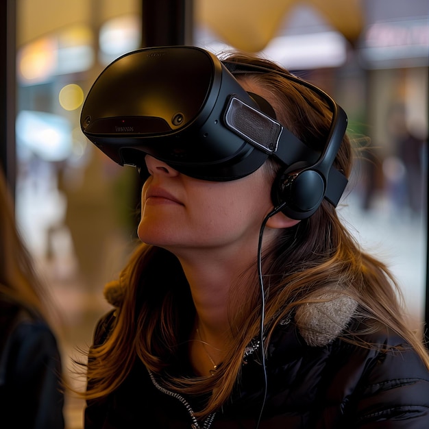 Close-up di una donna che usa un auricolare di realtà virtuale sfocato sullo sfondo del caffè con tecnologia VR