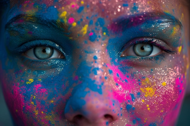 Close-up di una donna con i colori colorati di Holi