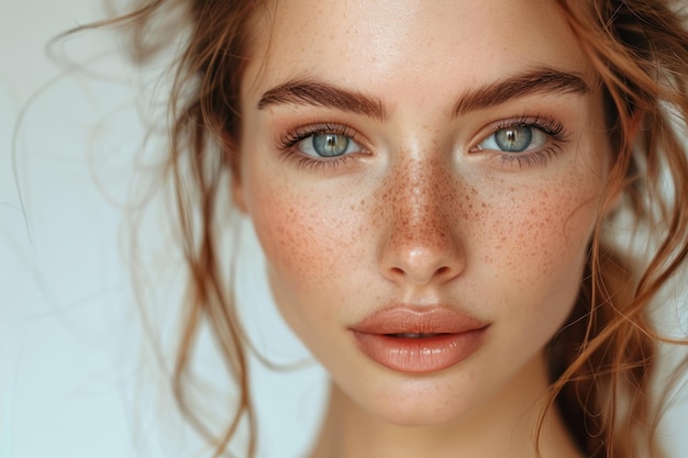 Close-up di una donna con le lentiggini sul viso