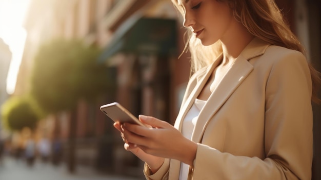 Close up di una donna d'affari che usa uno smartphone fuori