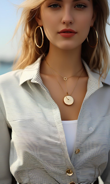 Close Up di una donna in bianco che indossa una collana d'oro