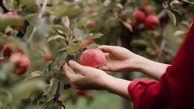 Close-up di una donna irriconoscibile che raccoglie mele rosse da un albero AI generativa