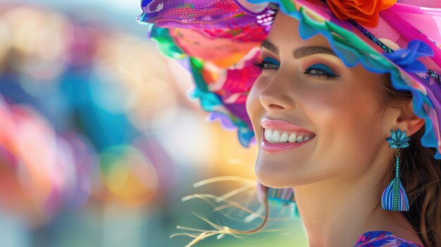 Close-up di una donna sorridente adornata con un cappello floreale vibrante