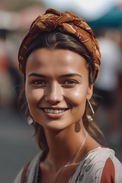 Close-up di una donna sorridente in piedi in una comunità moderna creata con l'AI generativa