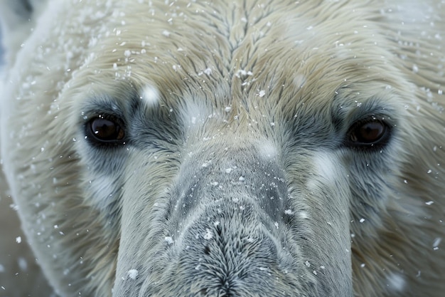 Close-up di una faccia di orso polare con fiocchi di neve sulla pelliccia