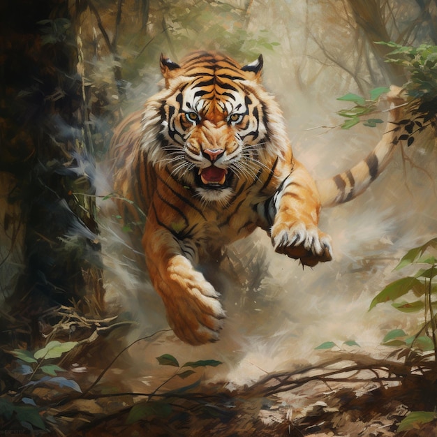 Close-up di una faccia di tigre nella foresta che mostra i suoi occhi penetranti