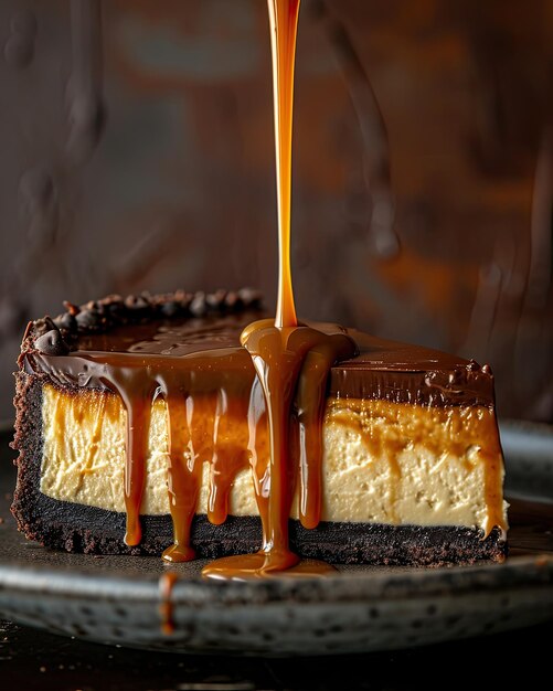 Close-up di una fetta di cheesecake cremosa coperta di salsa al caramello e briciole di cioccolato su un piatto bianco