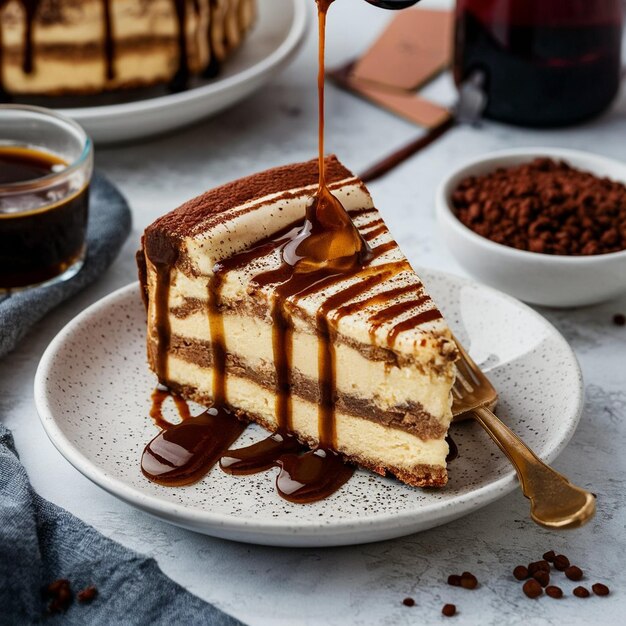 Close-up di una fetta di cheesecake tiramisu con pioggia di espresso