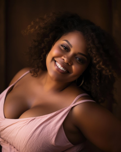 Close up di una gioiosa giovane donna afroamericana a taglia plus che ride sullo sfondo di colore rosa chiaro