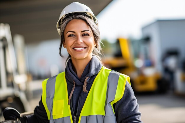 Close up di una giovane bellissima donna caucasica con casco giallo e uniforme che gira la faccia verso la telecamera e sorride Il concetto di lavoro in fabbrica all'interno Ritratto di una bella lavoratrice bionda in fabbrica