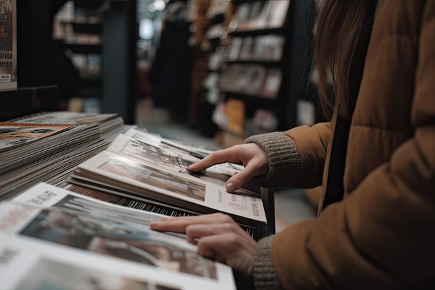 Close-up di una giovane donna che legge una rivista in una libreria Close-up delle mani di una cliente donna che esamina la merce o tiene in mano un oggetto di acquisto Generato dall'IA