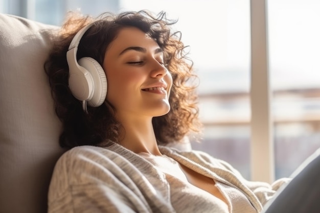 Close-up di una giovane donna felice che indossa le cuffie e si diverte a ascoltare musica AI Generative