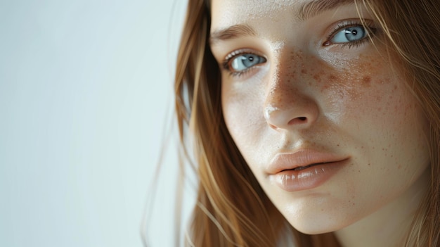 Close-up di una giovane donna freccata il suo sguardo trasmette una profondità serena