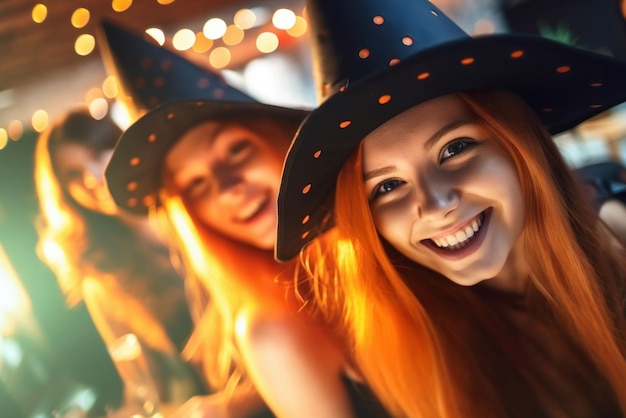 Close-up di una giovane donna rossa sorridente con un cappello appuntito a una festa di Halloween con gli amici