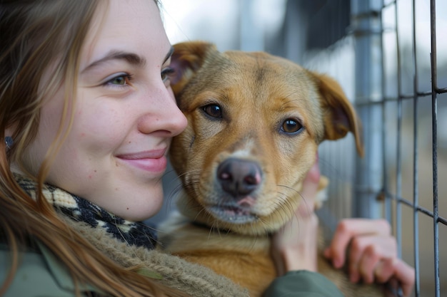 Close-up di una giovane donna sorridente che abbraccia amorevolmente il suo adorabile cane marrone in un rifugio per animali