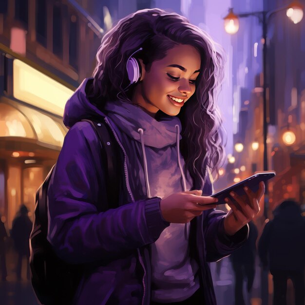 Close up di una giovane ragazza felice che tiene in mano un cellulare in una copertina della città in luce viola