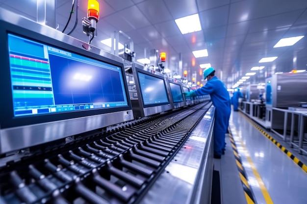 Close-up di una linea di assemblaggio in una moderna struttura hi-tech Conveyor in un moderno laboratorio industriale luminoso I lavoratori operano e monitorano una linea di montaggio automatizzata per dispositivi elettronici e gadget