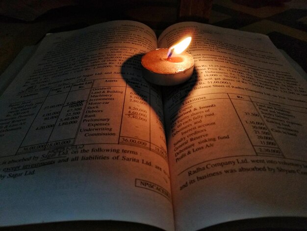 Close-up di una luce di tè accesa su un libro aperto al buio