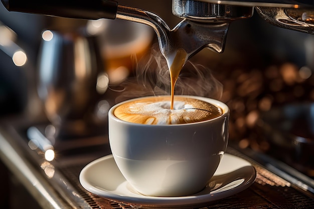 Close-up di una macchina da caffè professionale che prepara un ricco caffè mocha in una tazza bianca