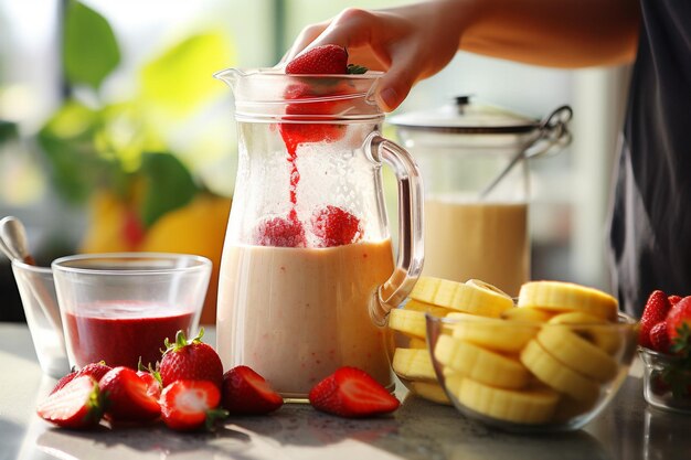 Close-up di una mano che aggiunge polvere di proteine al frullatore con fragole e banane