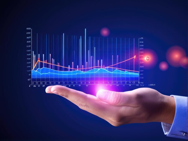 Close-up di una mano che indica un grafico commerciale luminoso