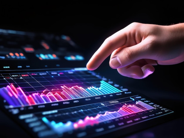 Close-up di una mano che indica un grafico commerciale luminoso