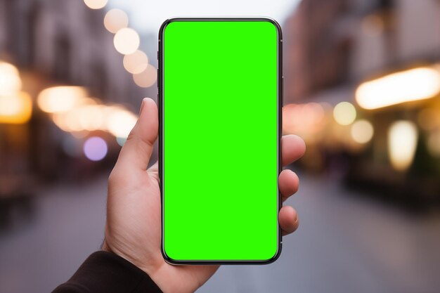 Close-up di una mano che tiene in mano un telefono cellulare schermo vuoto modello di smartphone modello di schermo bianco verde