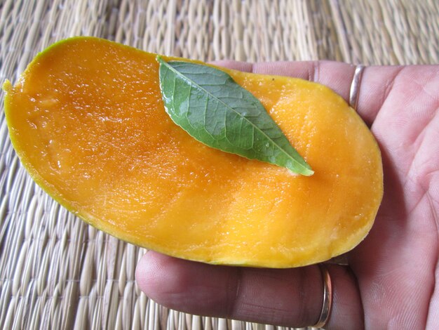 Close-up di una mano che tiene un frutto di mango con una foglia