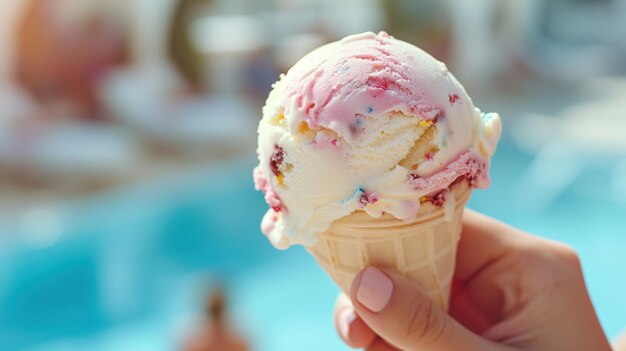 Close-up di una mano che tiene un gelato rinfrescante in un cono di waffle in una soleggiata giornata estiva in vacanza