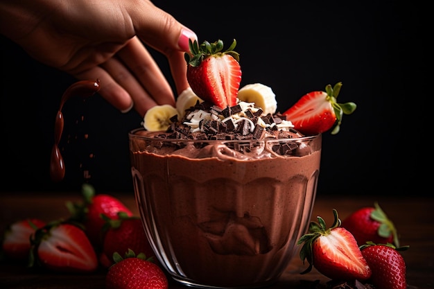 Close-up di una mano che versa yogurt nel frullatore con fragole e banane