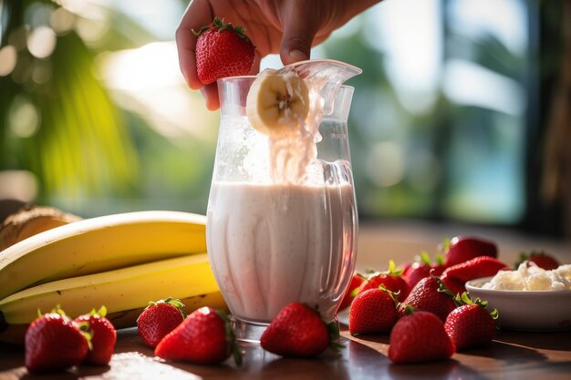 Close-up di una mano che versa yogurt nel frullatore con fragole e banane