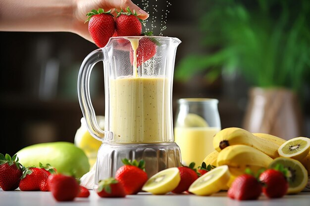 Close-up di una mano che versa yogurt nel frullatore con fragole e banane