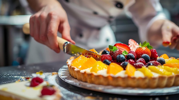 Close-up di una mano di un cuoco che taglia una fetta di una bella torta di frutta con pesche fresche mirtilli fragole e lamponi