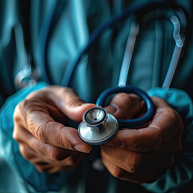 Close-up di una mano di un medico che tiene in mano uno stetoscopio per l'assistenza medica professionale