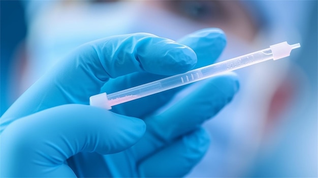 Close-up di una mano di un medico che tiene una siringa con un liquido blu