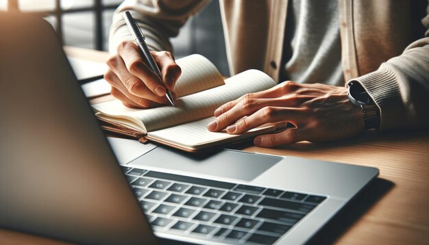 Close up di una mano di un professionista che scrive in un quaderno accanto a un portatile che indica la pianificazione o la ricerca in un ambiente di lavoro