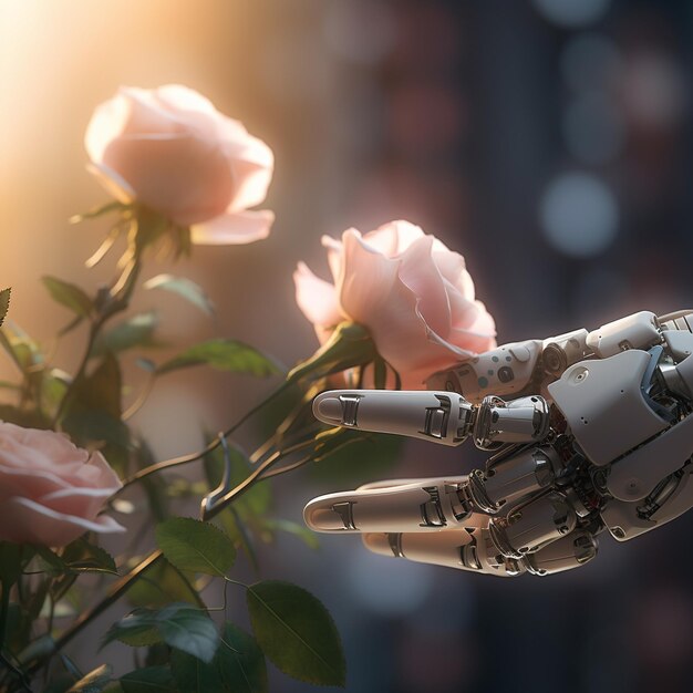 Close up di una mano di un robot con un bellissimo fiore