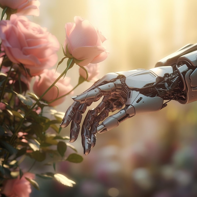 Close up di una mano di un robot con un bellissimo fiore