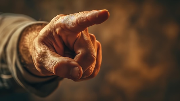 Close-up di una mano di un uomo caucasico anziano che punta il dito verso il lato