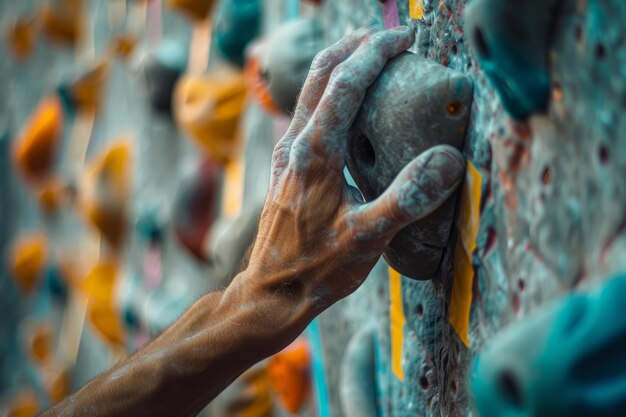 Close up di una mano di un uomo che si aggrappa a una parete di arrampicata