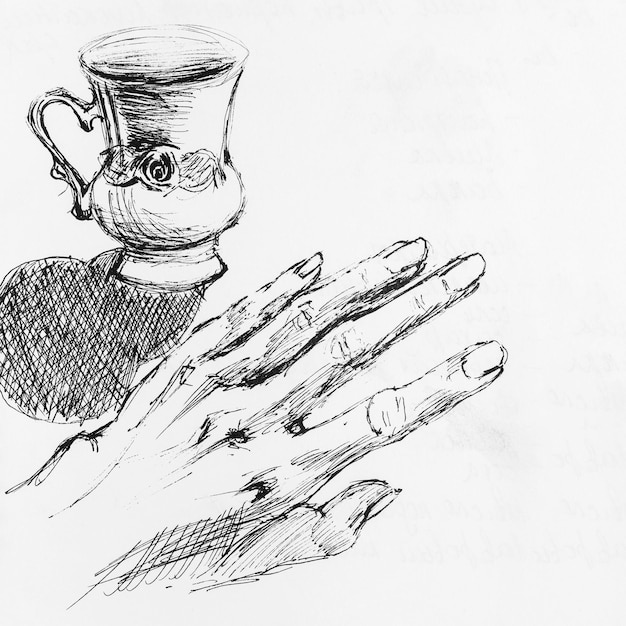 Close-up di una mano femminile vicino a una tazza di tè Disegno a mano con inchiostro nero su carta Opera d'arte in bianco e nero