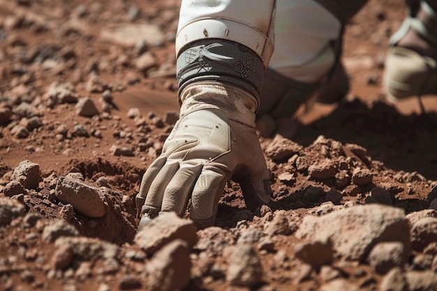 Close-up di una mano guantata di un astronauta che tocca la superficie rocciosa di Marte in una simulazione di Marte