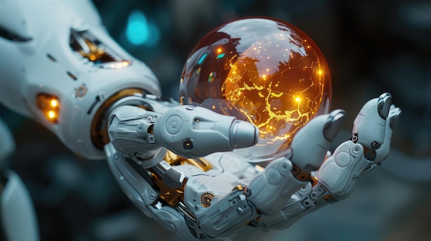 Close-up di una mano robotica che tiene una sfera luminosa