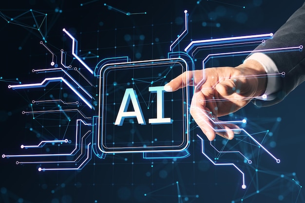 Close up di una mano umana che indica un hologramma di pulsante di circuito quadrato creativo con icona di AI su sfondo scuro Tecnologia e concetto di apprendimento automatico di intelligenza artificiale