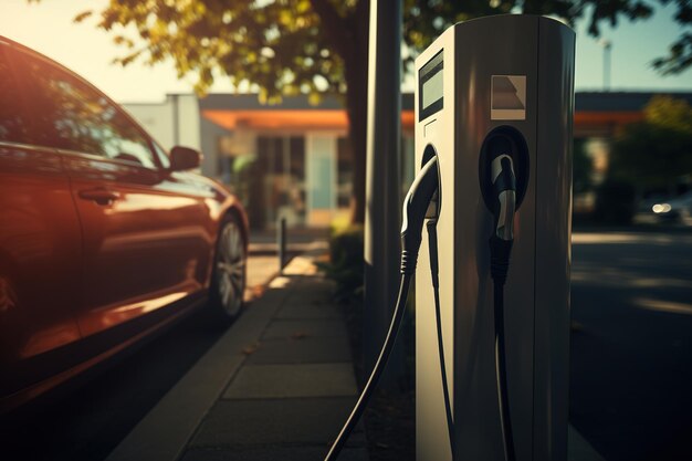 Close-up di una moderna stazione di rifornimento elettrica ecologica