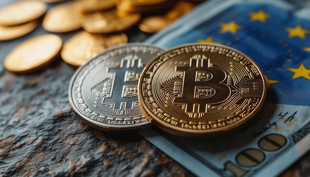 Close-up di una moneta di criptovaluta Bitcoin