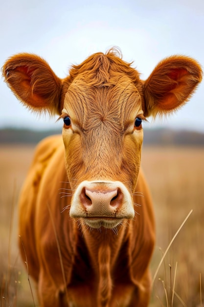 Close up di una mucca marrone con una macchia bianca sulla faccia e grandi ciuffi di capelli appiccicosi