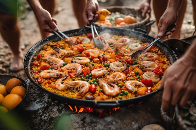 Close-up di una padella di paella e mani che preparano la paella di frutti di mare