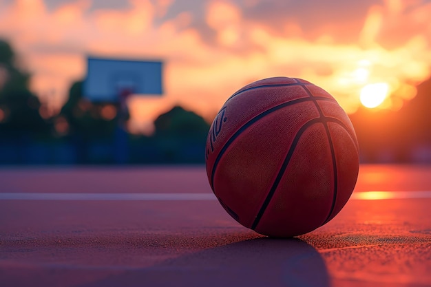 Close-up di una palla da basket su un campo all'aperto al tramonto colori vibranti e concetto di sport di svago catturato in un singolo momento AI